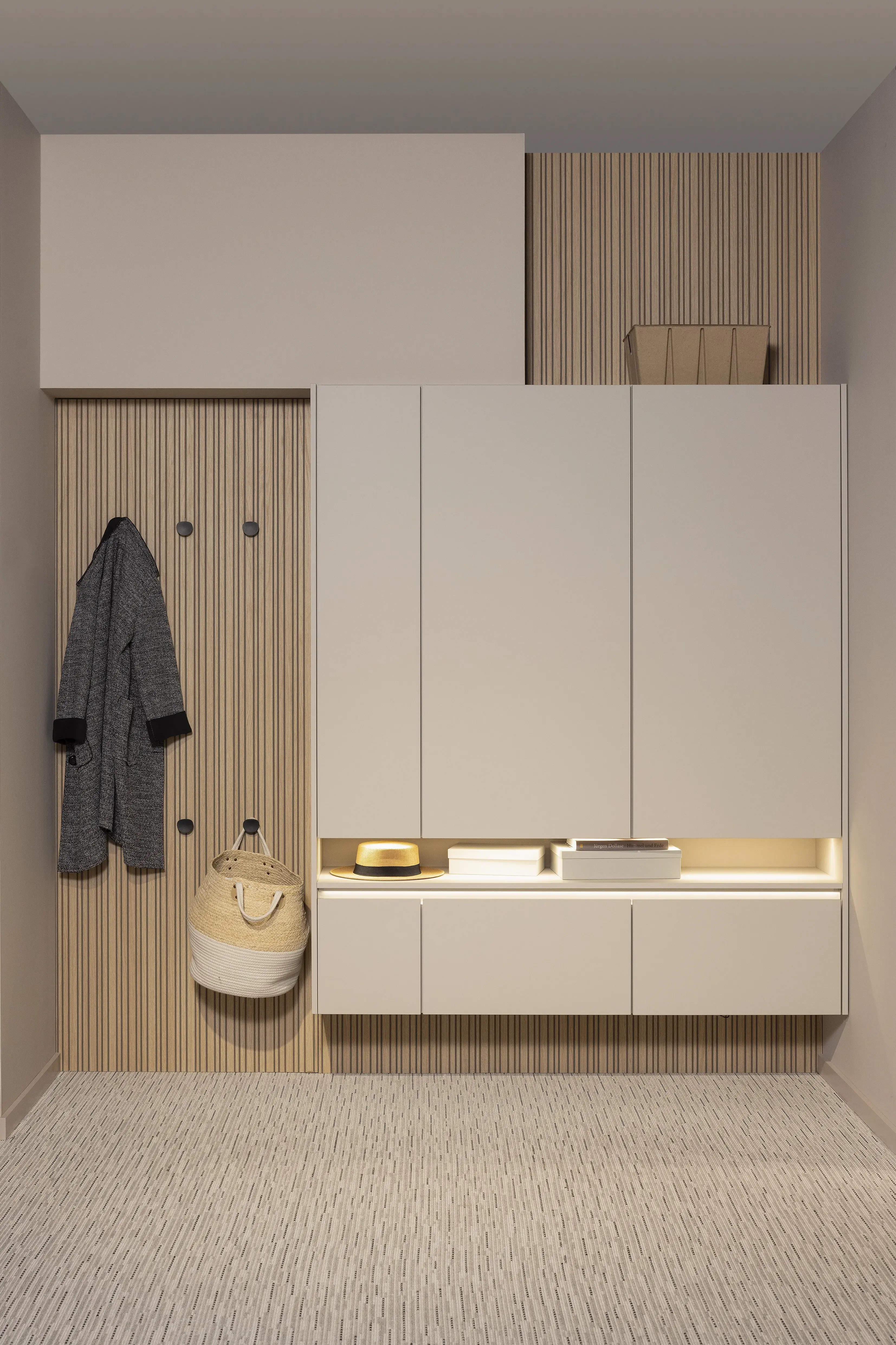 Korpus: 122 Sand Front:  969 Lacklaminat, Sand ultramatt Griff: Griffmulde Sand, 244 Metallknopf schwarz  Features: Garderobe, Schuhschrank 