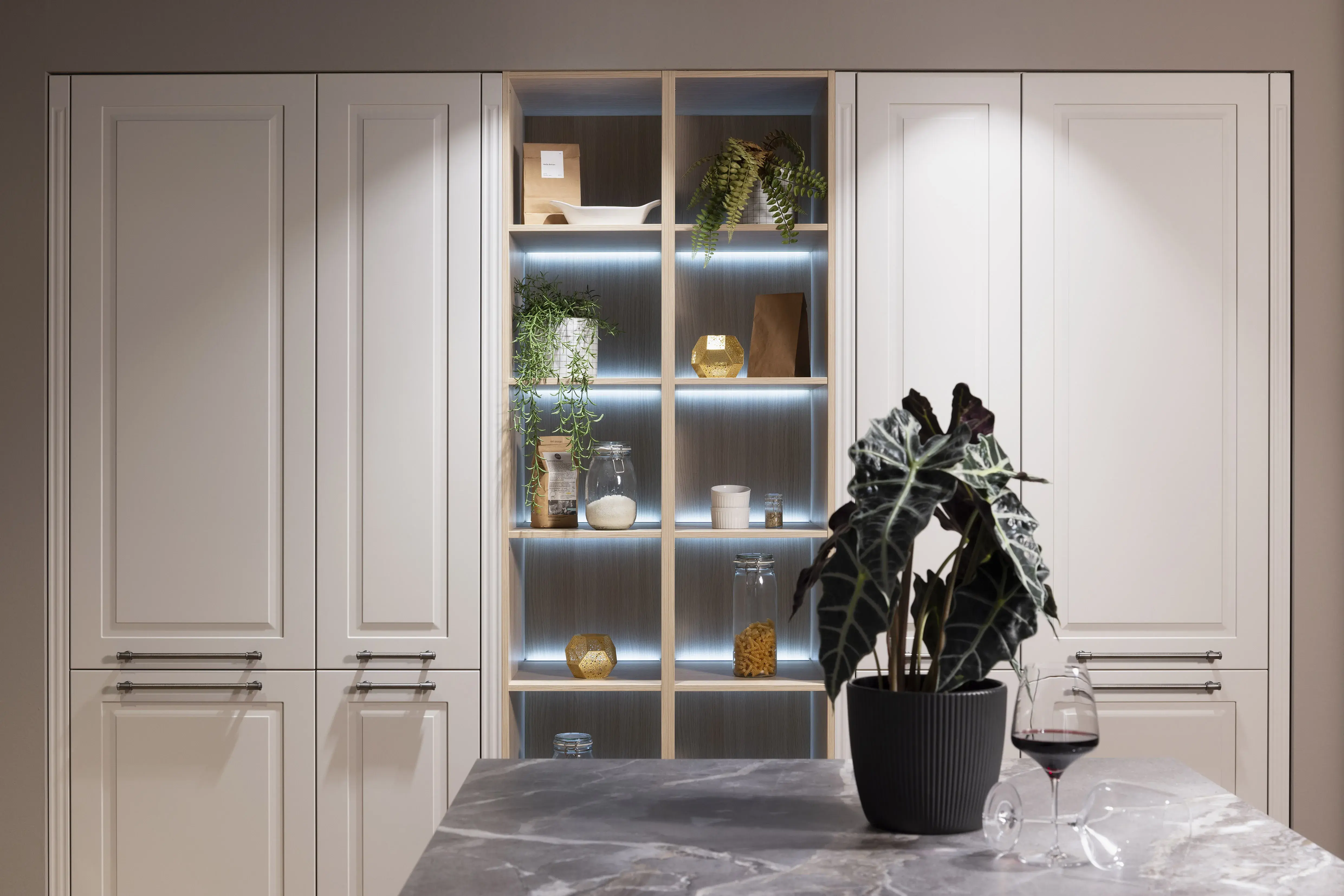Moderne Küche mit Regal, Pflanze auf Kücheninsel und Glas Rotwein.